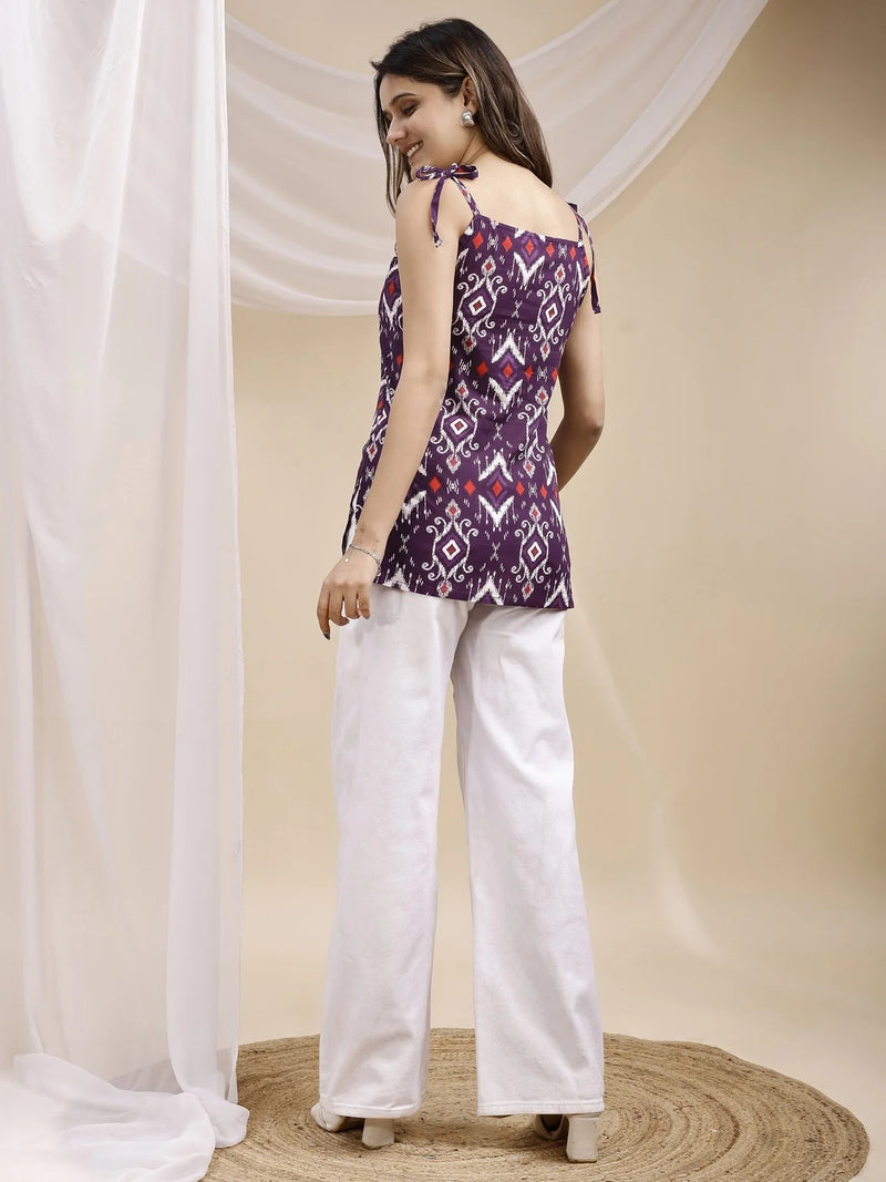 purple ikat kurti three quarter view