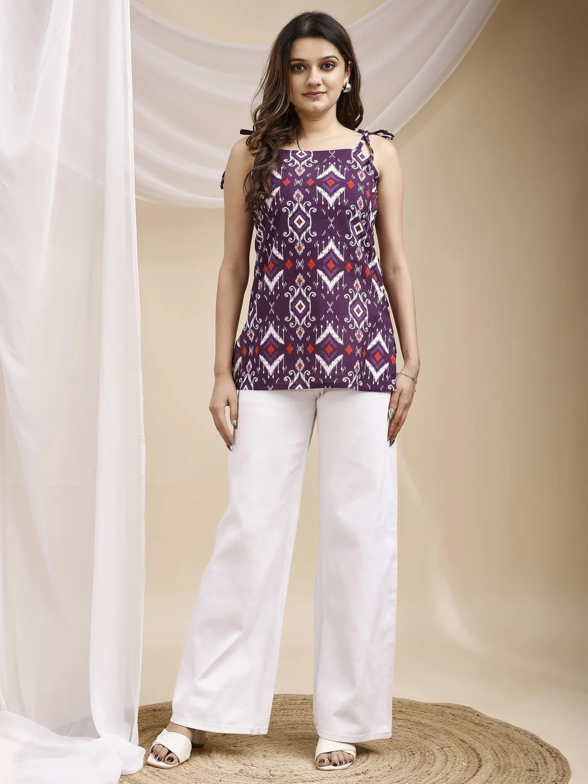purple ikat strappy short kurti front