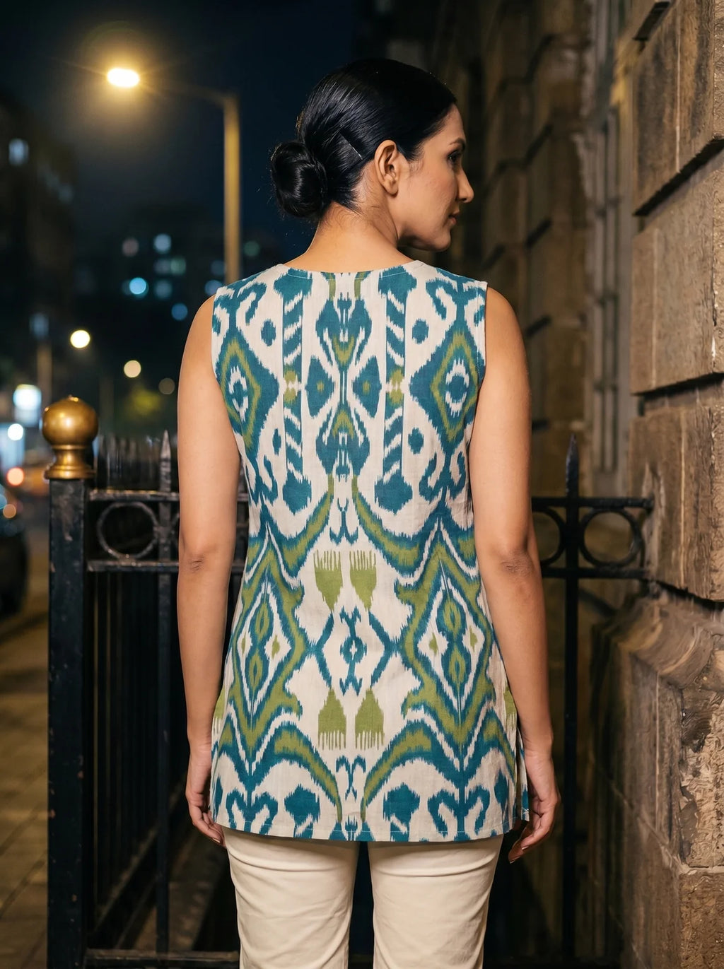 rama green and white ikat sleeveless tunic back view