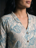 rama floral peplum top lapel collar button detail