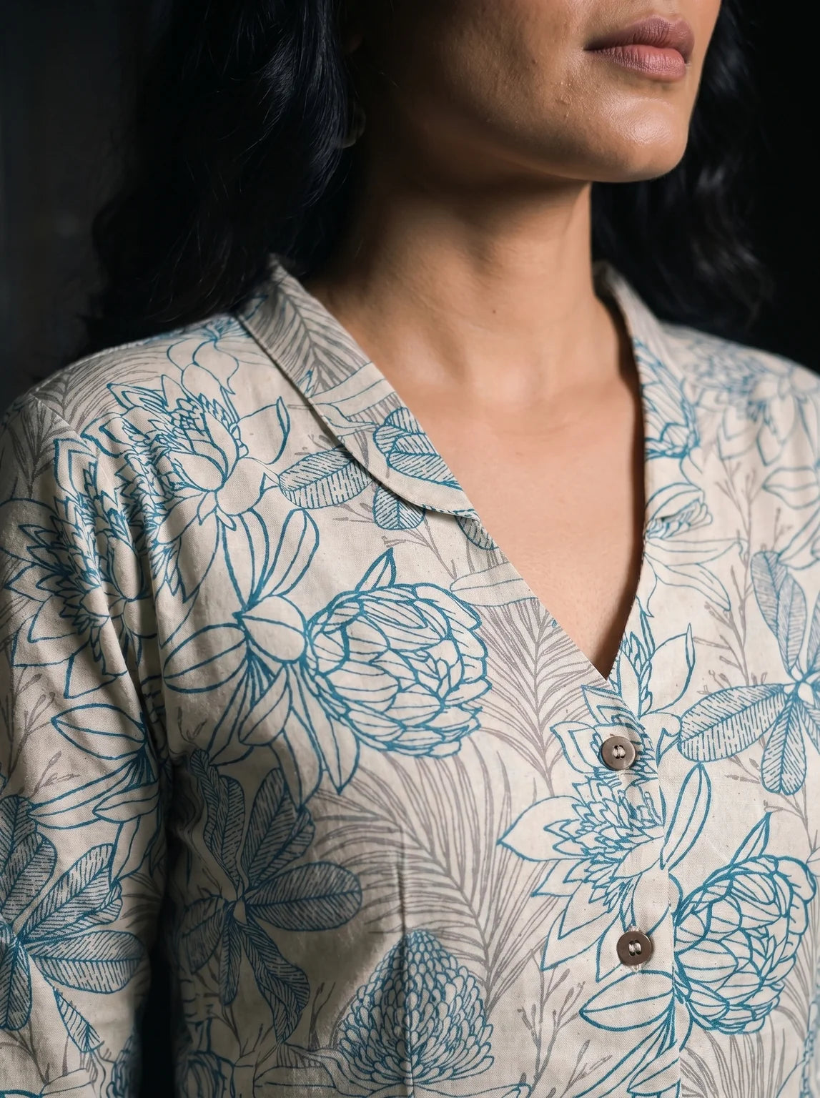 rama floral peplum top lapel collar button detail