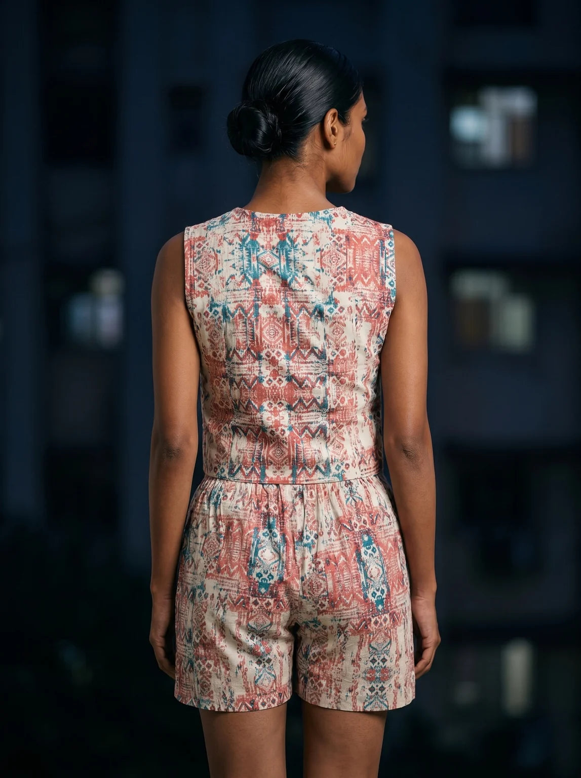 red and blue geometric printed co-ord set back view