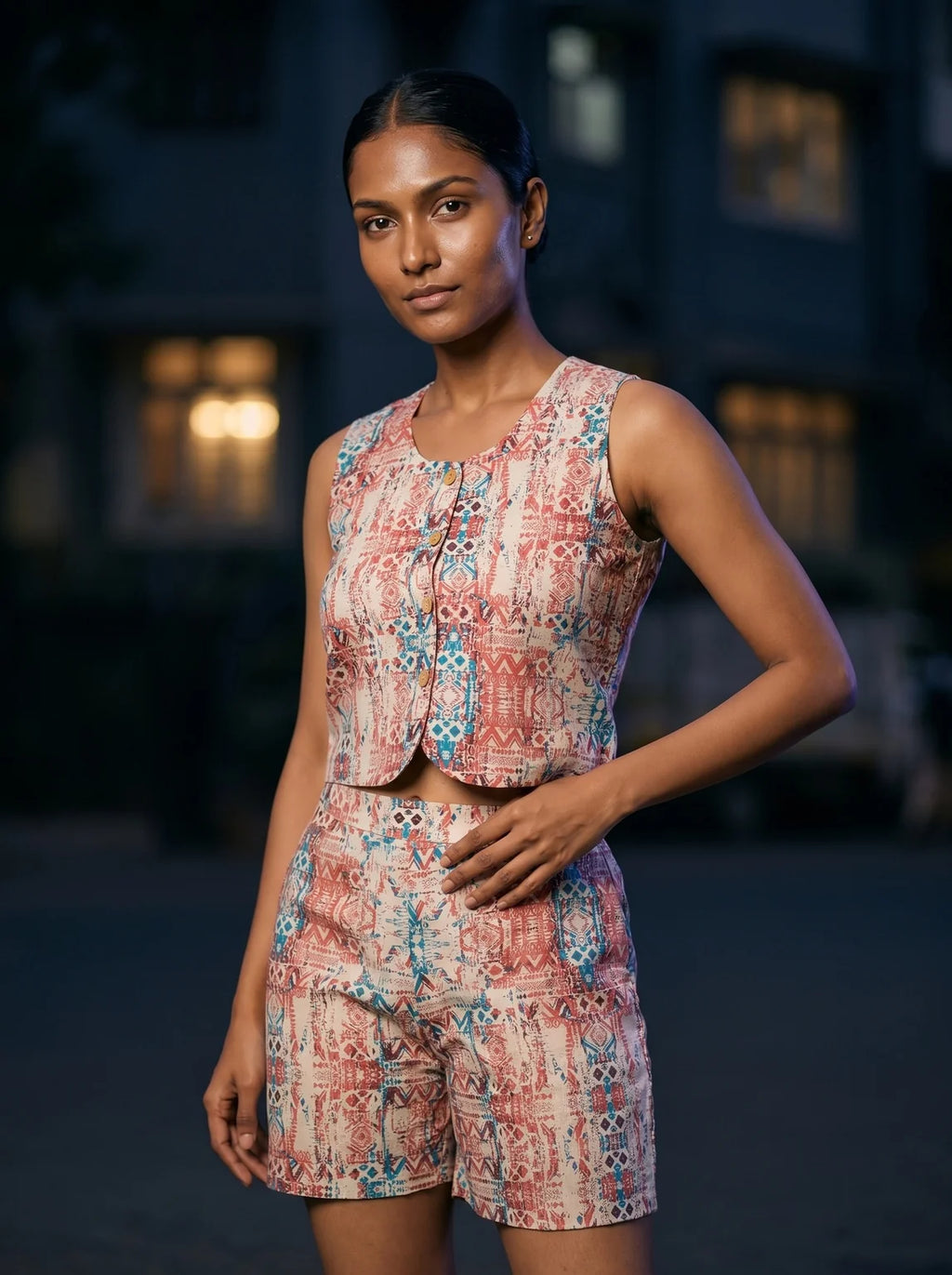 red and blue geometric printed sleeveless co-ord set front