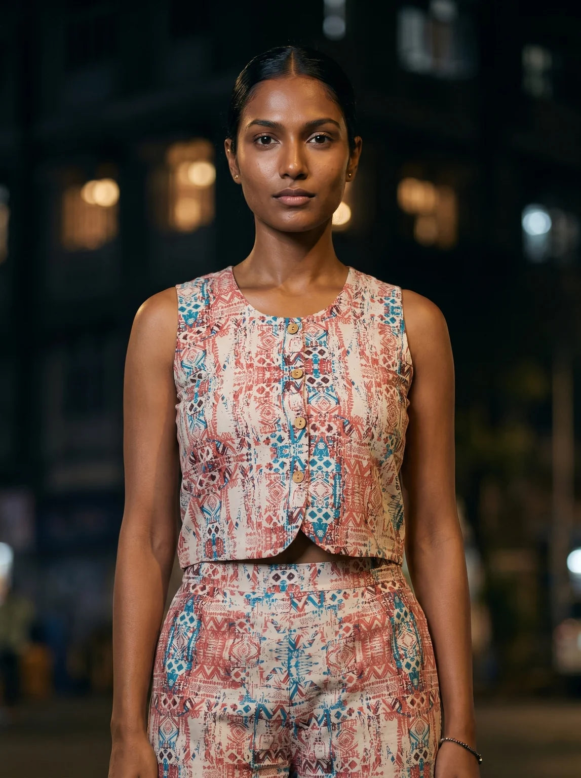 red blue printed crop top and shorts co-ord front
