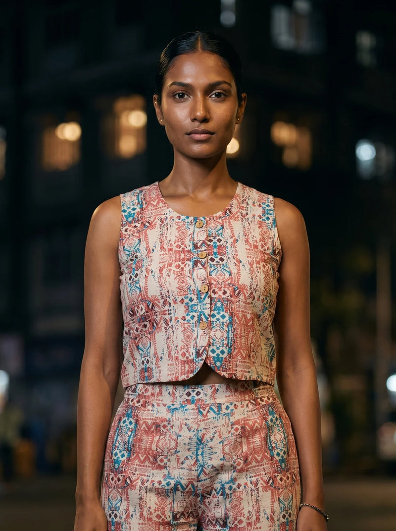 red blue printed crop top and shorts co-ord front