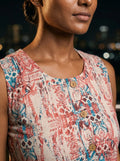 round neck wooden button placket and geometric print closeup
