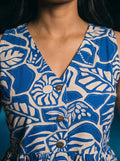 royal blue botanical peplum top v neck button detail