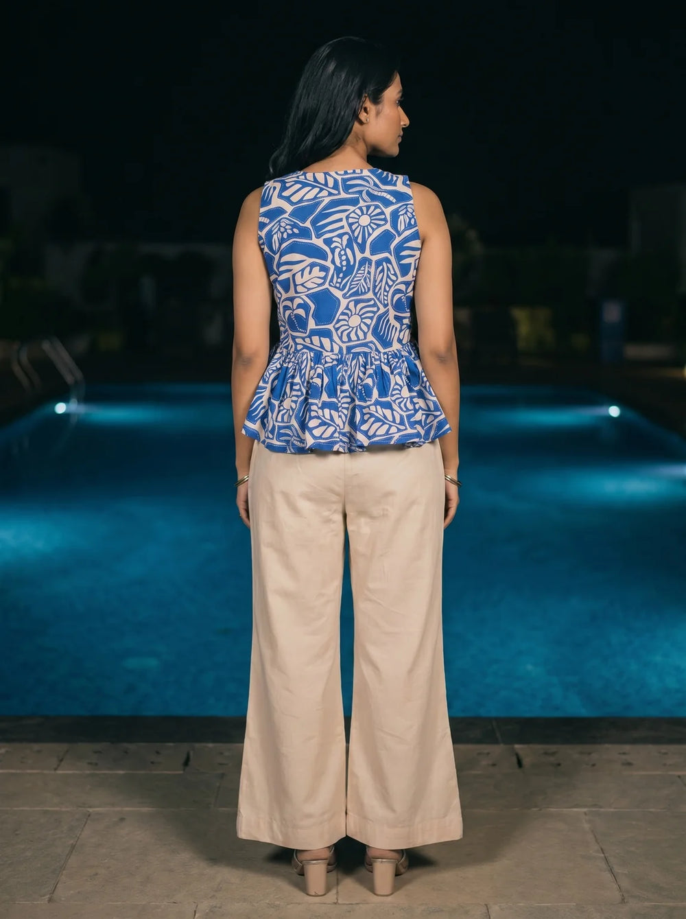 royal blue botanical print peplum co ord set back