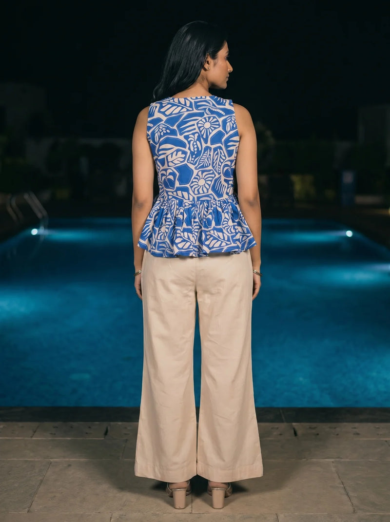 royal blue botanical print peplum co ord set back