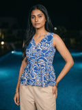royal blue botanical print peplum co ord set three quarter