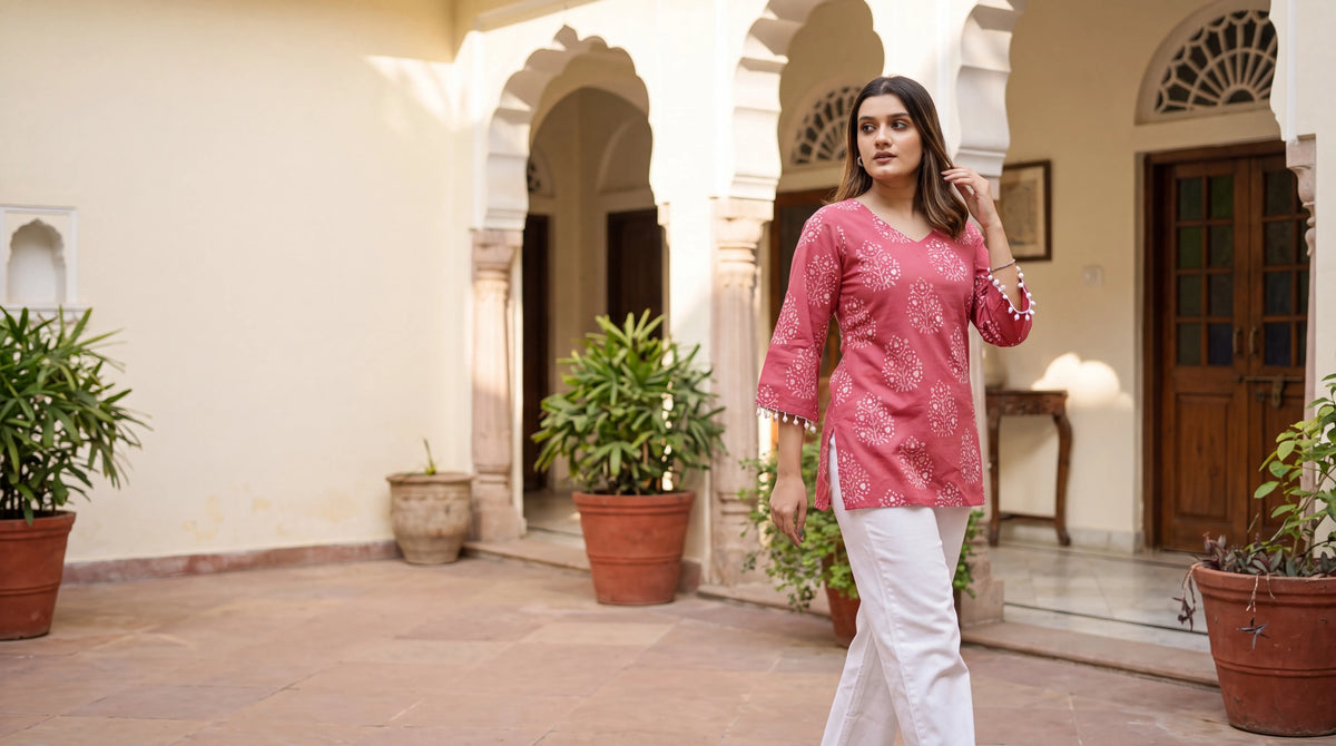 Woman in rose-pink botanical print kurti walking through a sunlit heritage courtyard