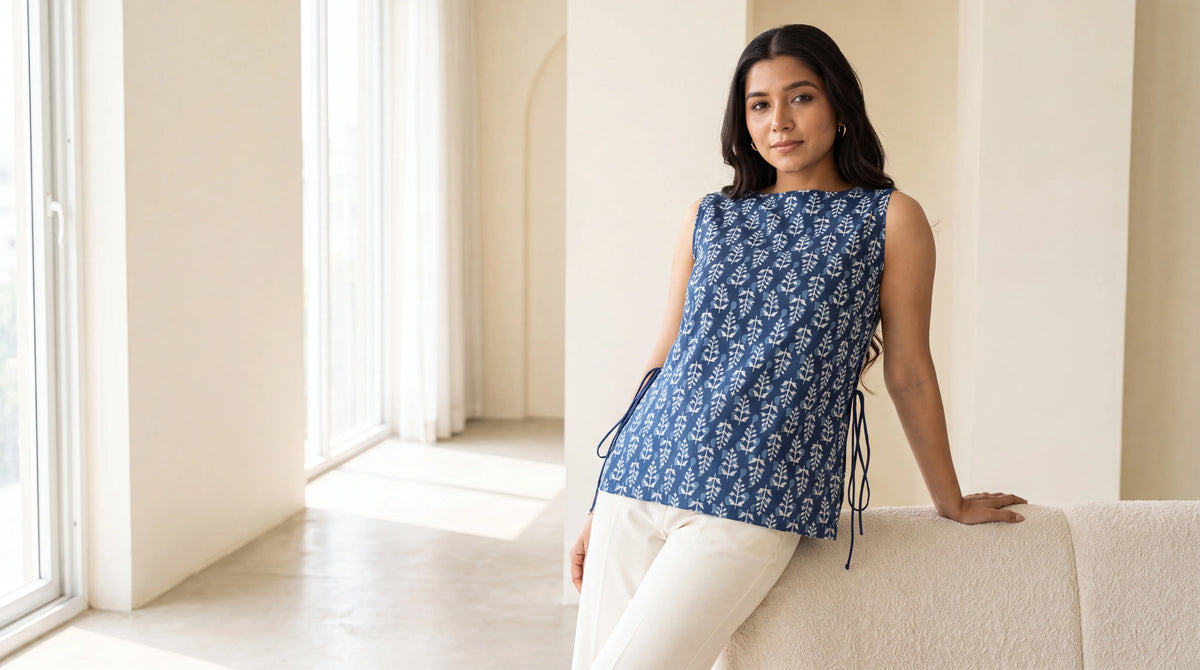 Woman in indigo botanical sleeveless kurti relaxing in a bright minimalist studio