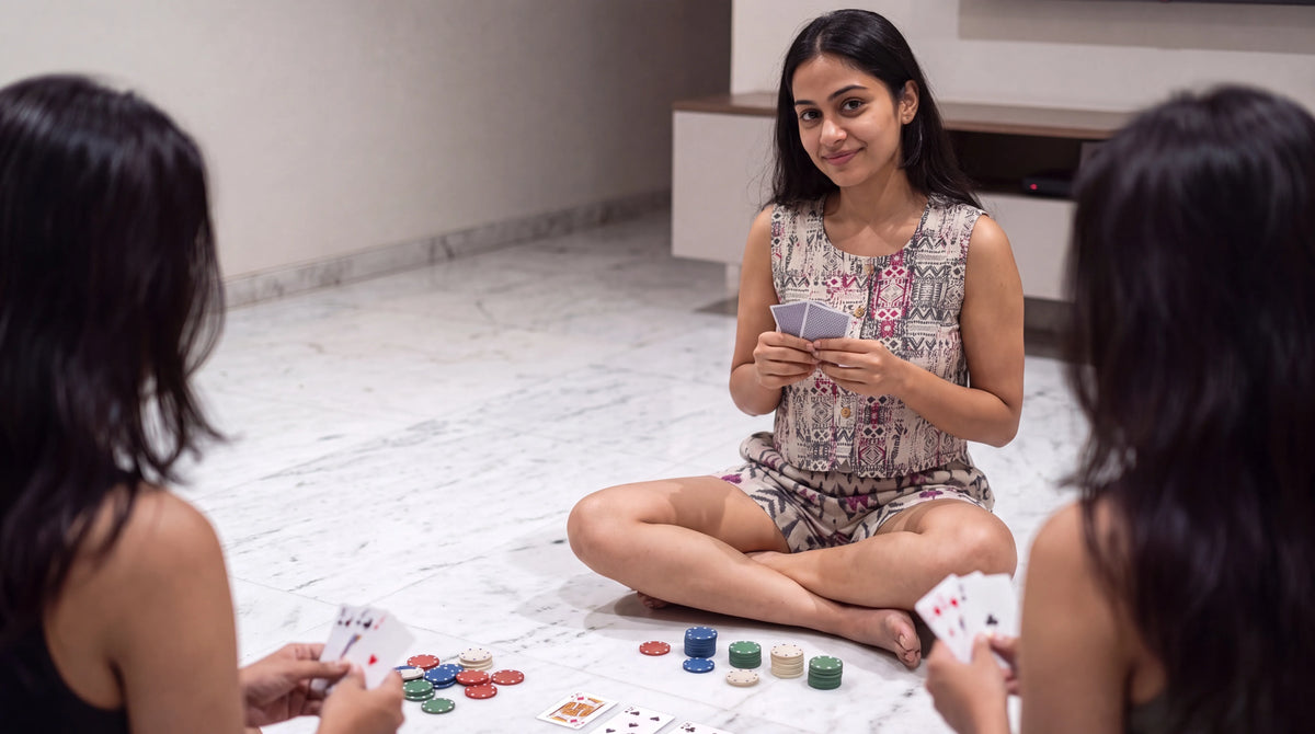 Woman in grey and magenta printed co-ord set at a marble-floor games night with friends
