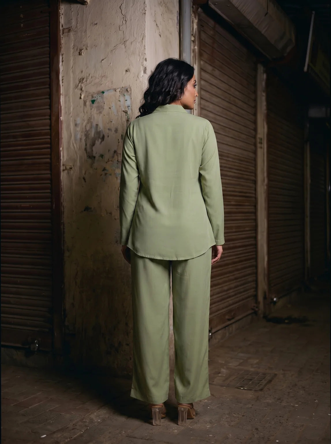 sage green solid viscose co ord set back