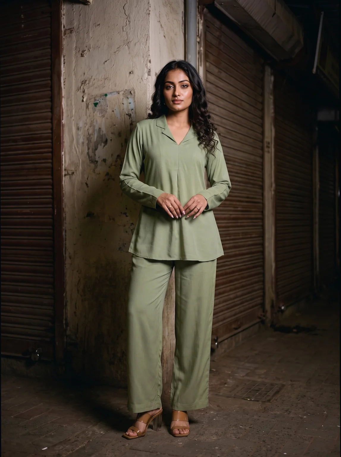 sage green solid viscose co ord set front full