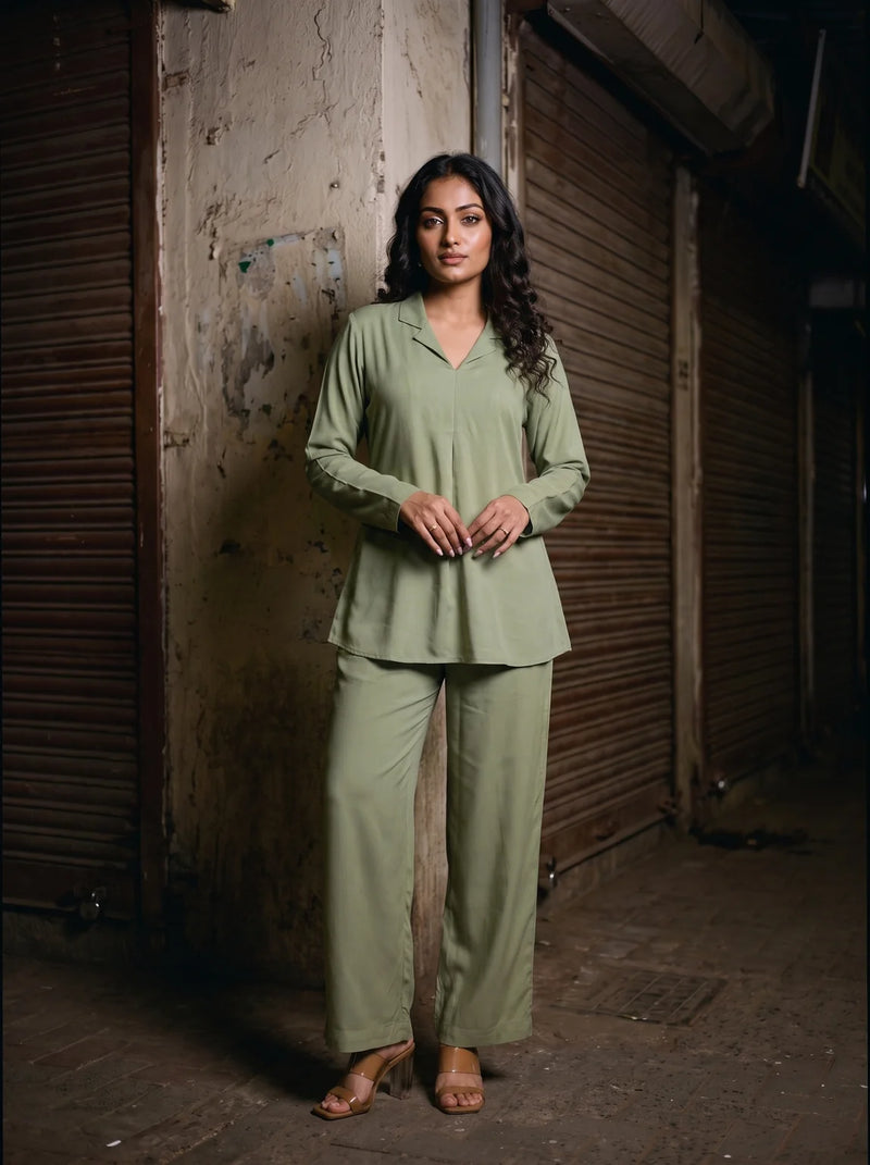 sage green solid viscose co ord set front full