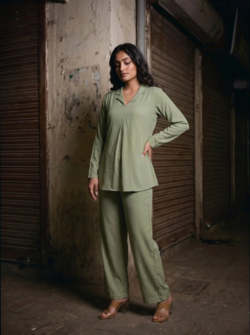 sage green solid viscose co ord set front relaxed