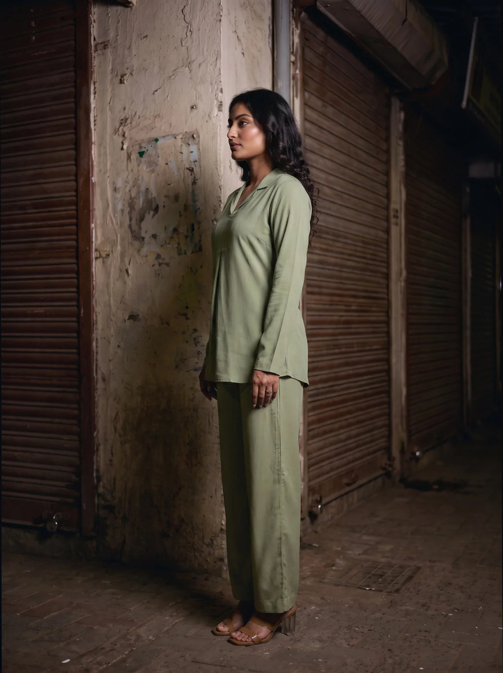 sage green solid viscose co ord set side