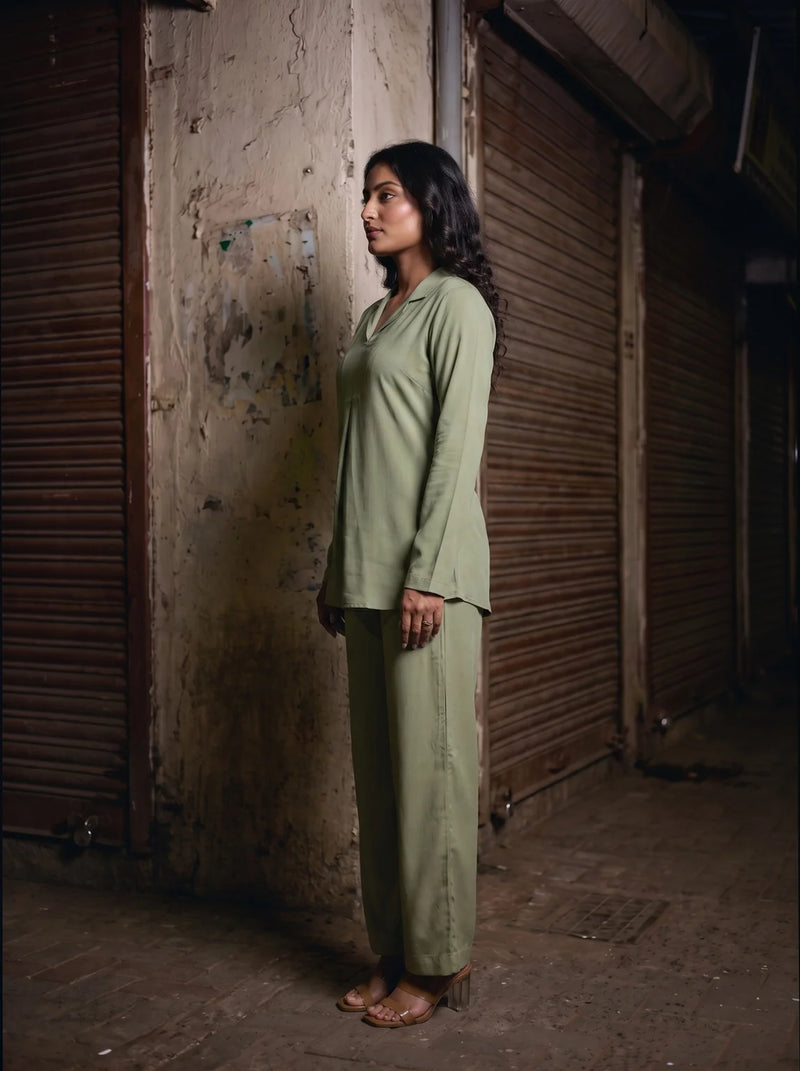 sage green solid viscose co ord set side