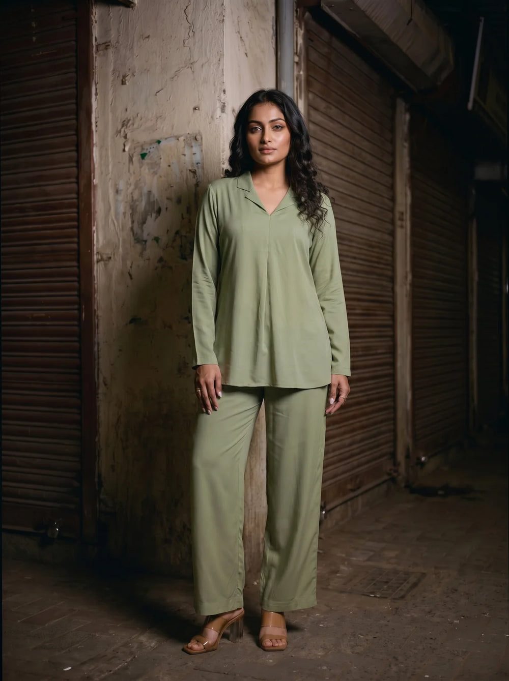 sage green solid viscose co ord set three quarter