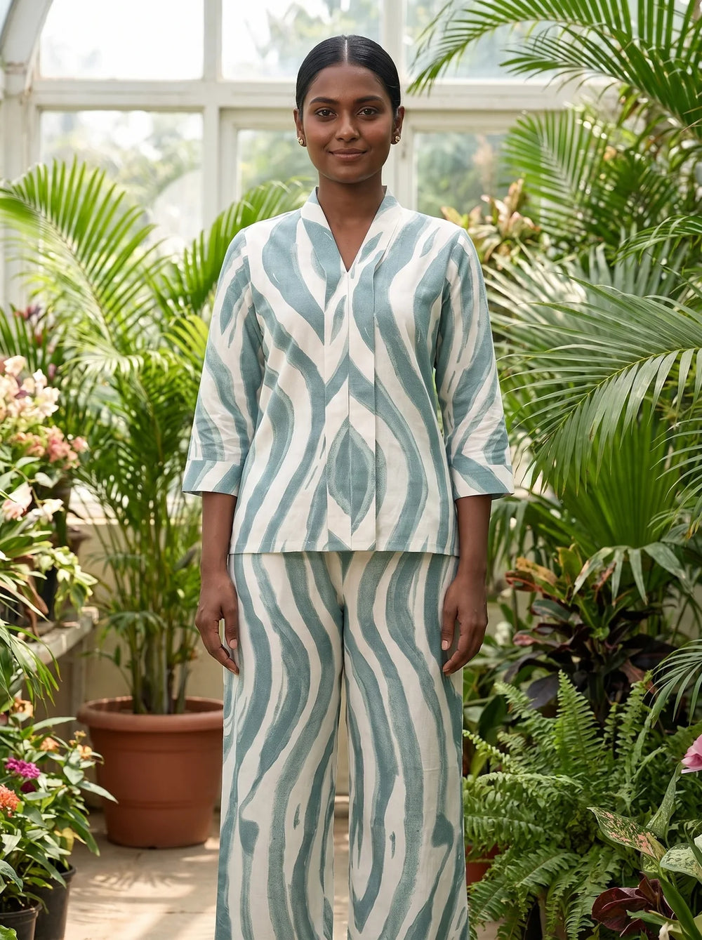 Sage Green Wave Print Co-Ord Set Greenhouse Lifestyle