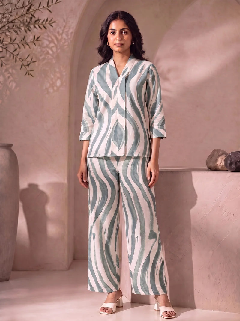 Sage Green Wave Print Co-Ord Set Top Palazzo Pants Front