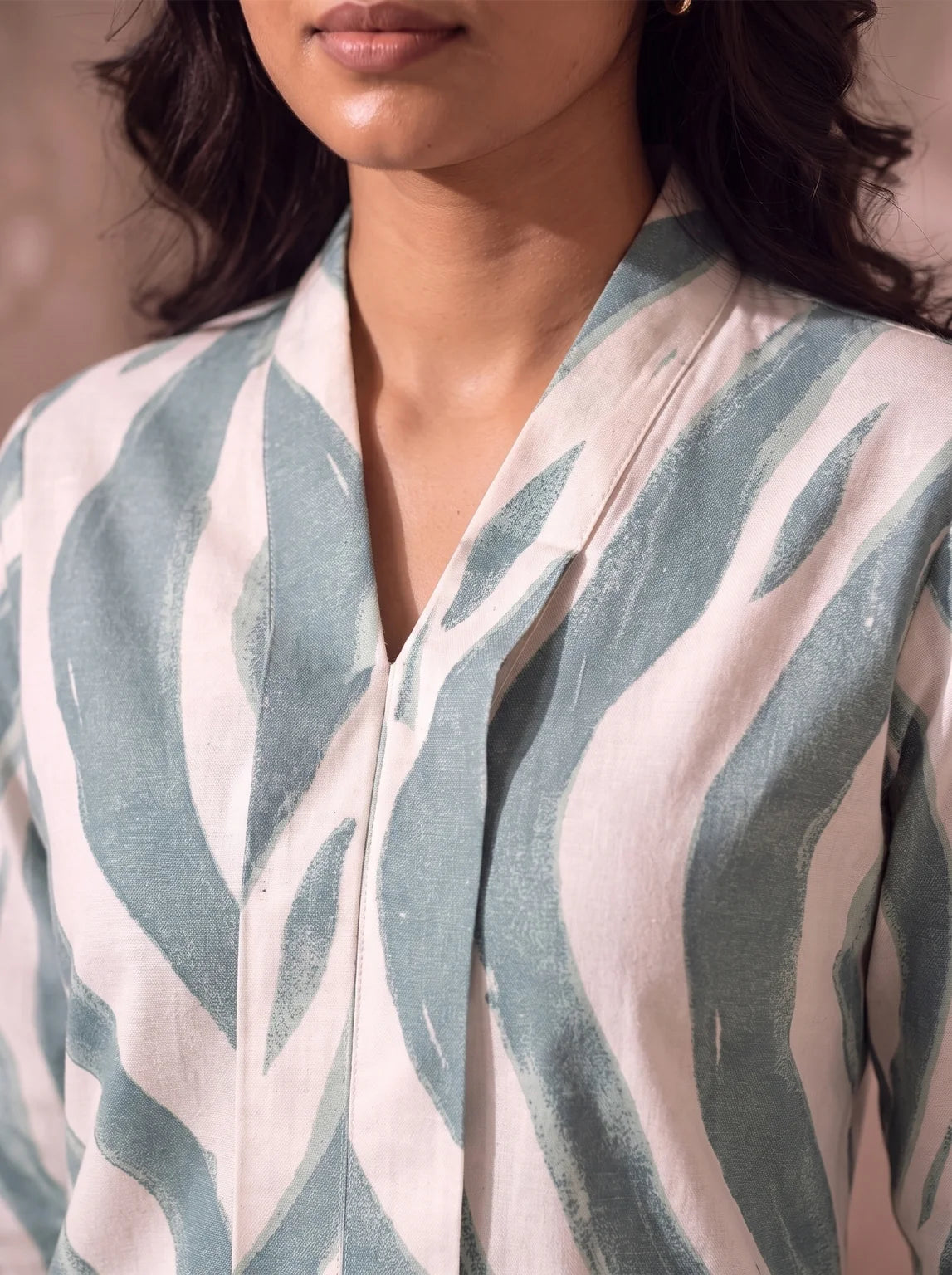Sage Green Wave Print Top V Neck Neckline Detail