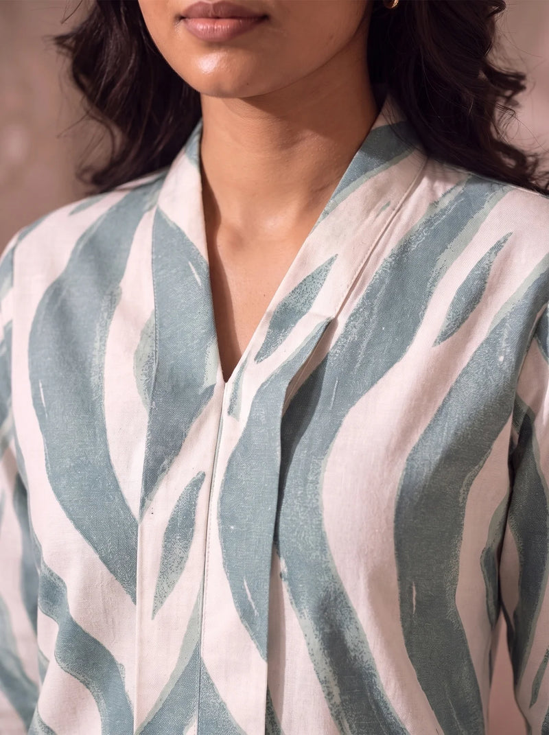 Sage Green Wave Print Top V Neck Neckline Detail