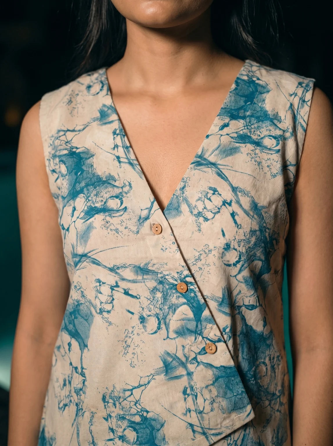 teal abstract co ord set v neck button detail