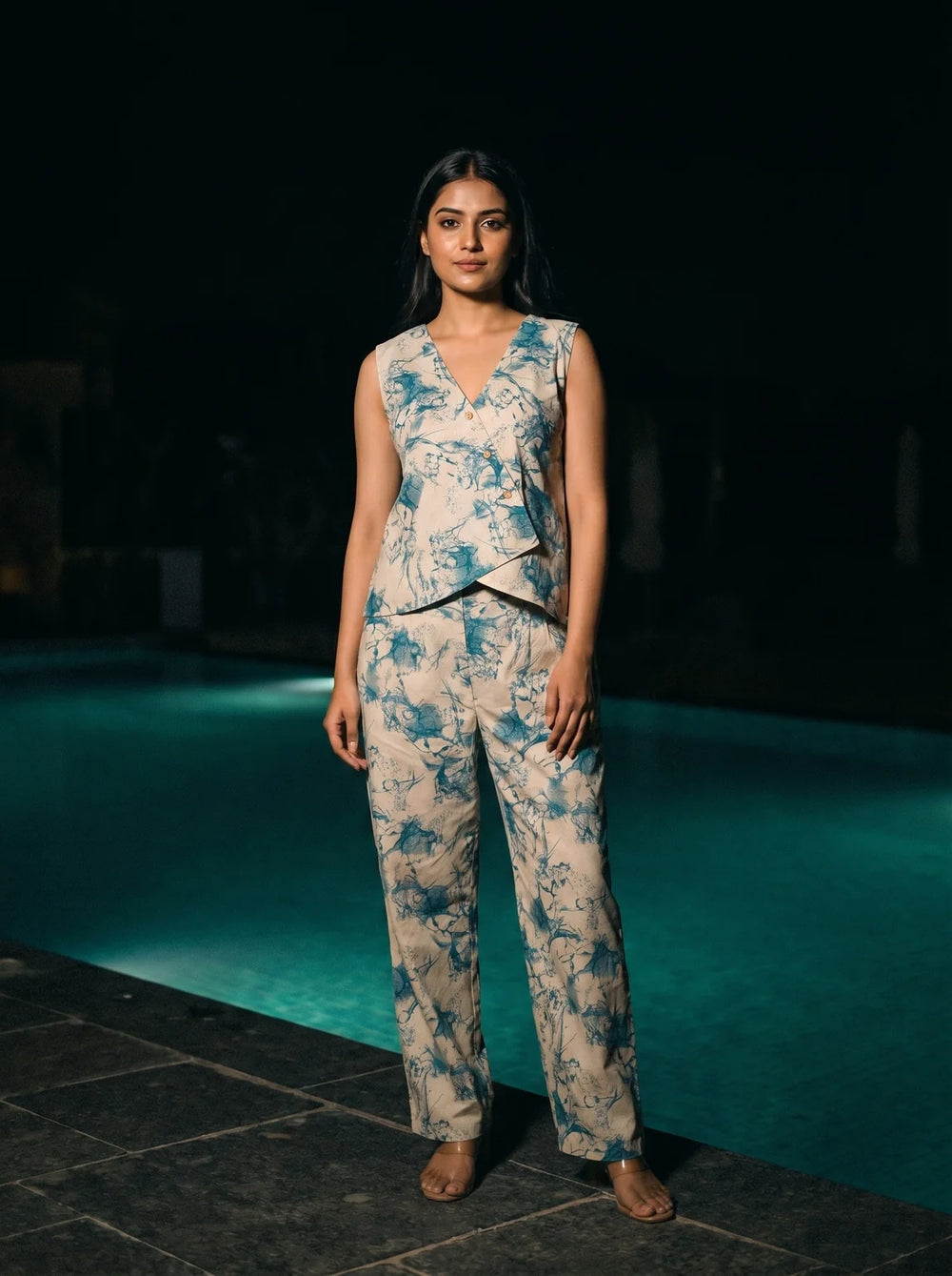 teal abstract print co ord set front full
