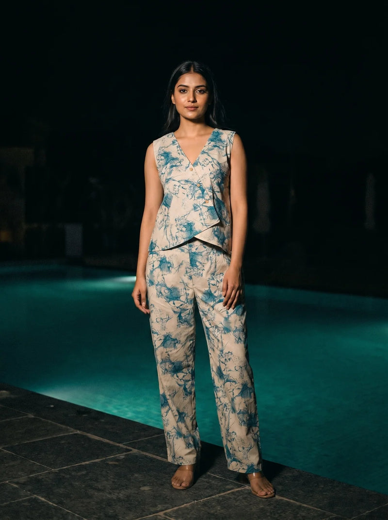 teal abstract print co ord set front full