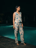 teal abstract print co ord set three quarter