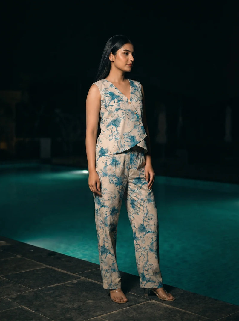 teal abstract print co ord set three quarter