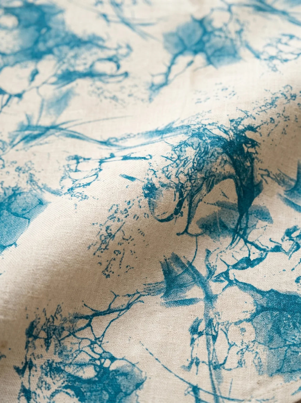 teal abstract print cotton flax fabric detail