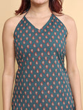 teal botanical halter kurti neckline closeup