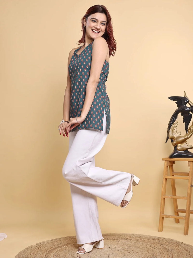 teal botanical halter kurti side slit