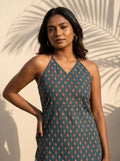 teal botanical halter kurti sunlit portrait