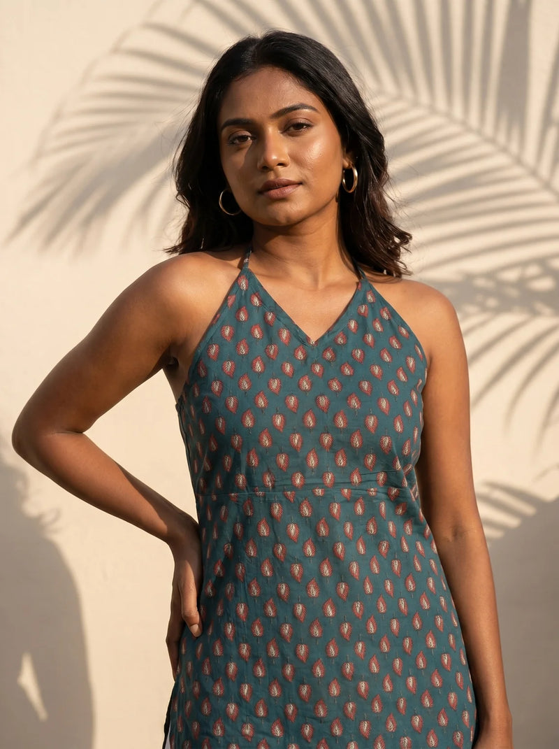teal botanical halter kurti sunlit portrait