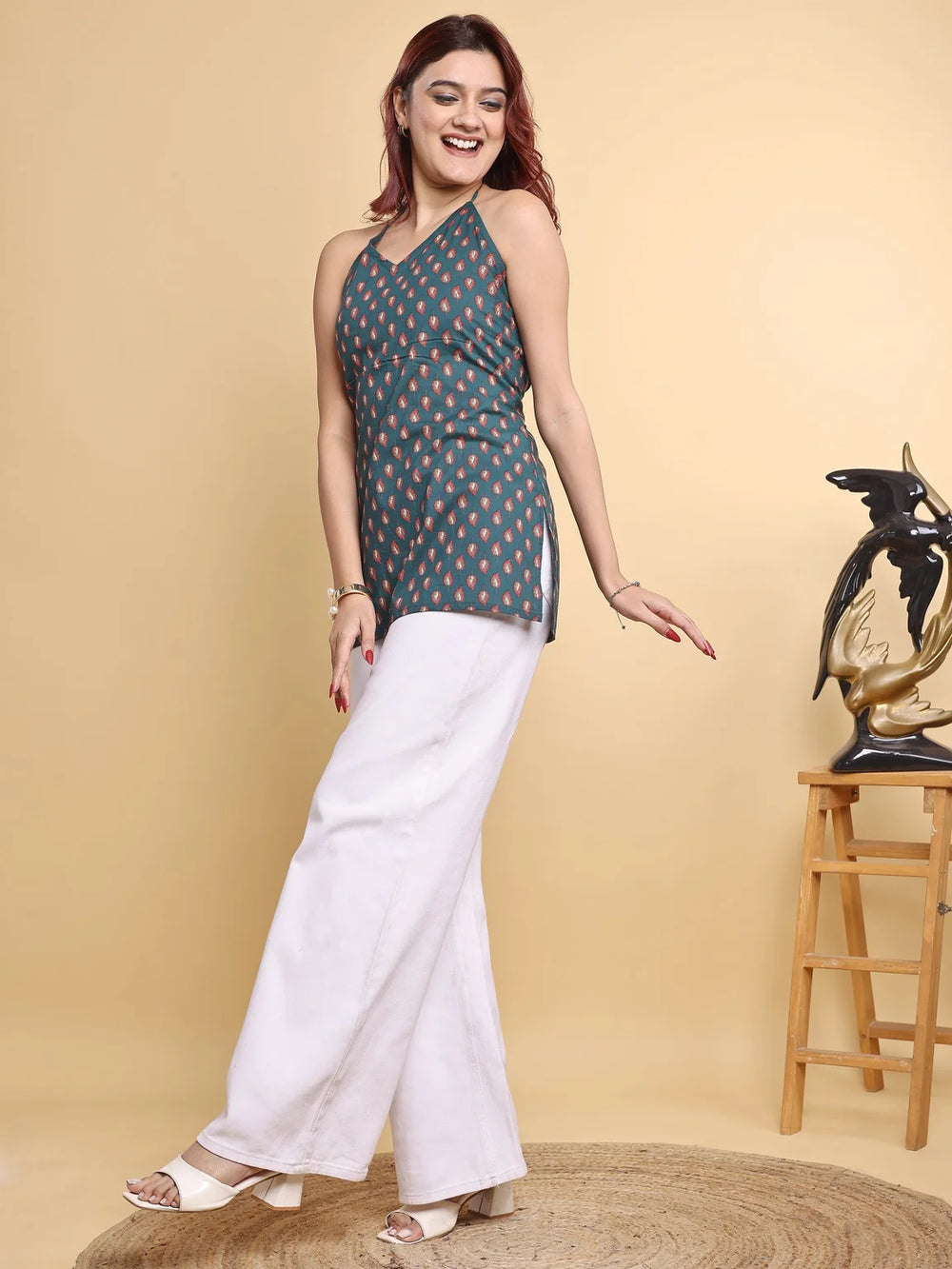 teal botanical halter kurti three quarter view