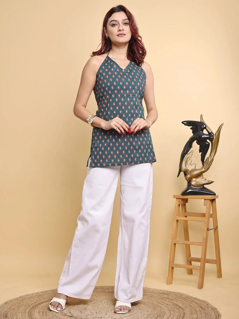 teal botanical halter neck kurti front full