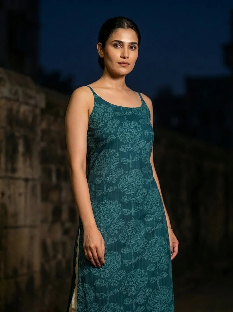 teal floral print kurta three quarter