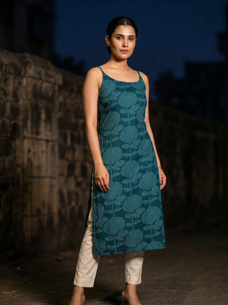 teal floral print strappy kurta