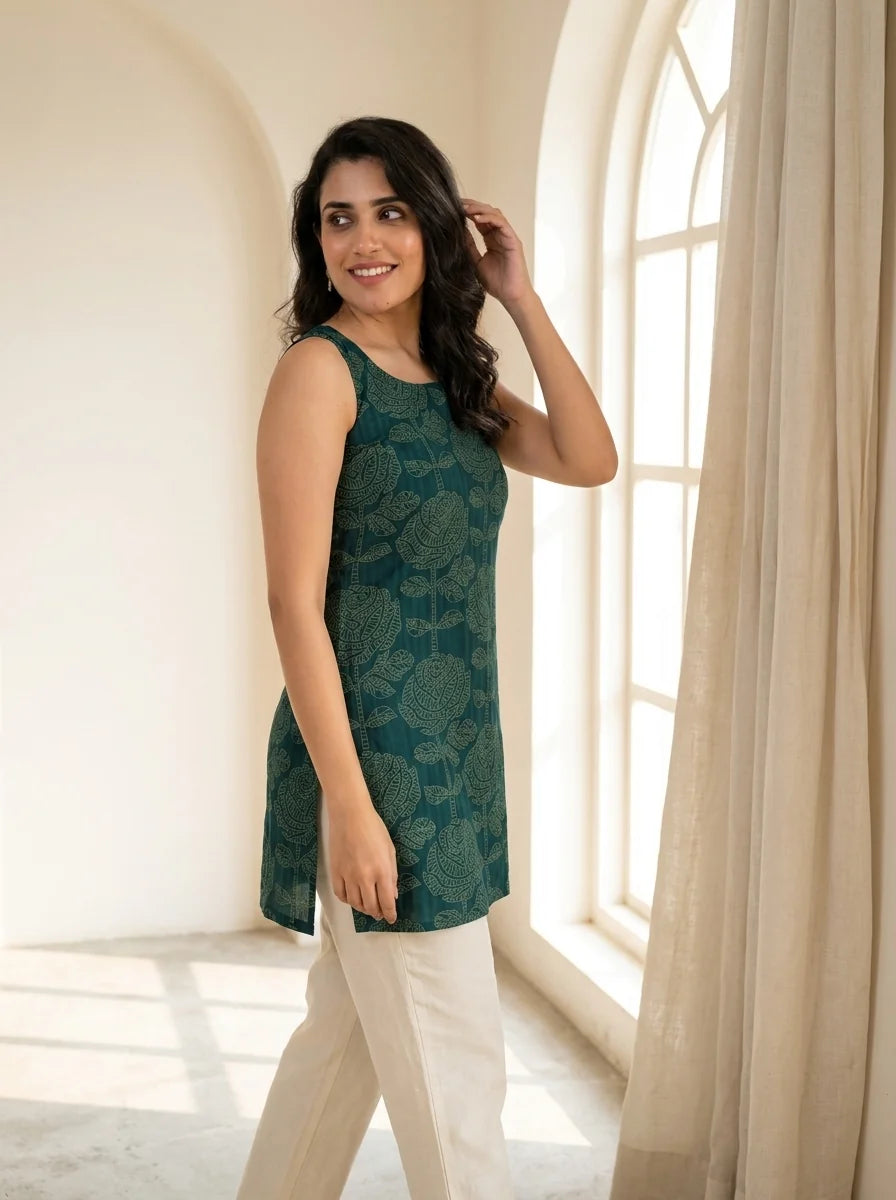 teal green block print kurti by window