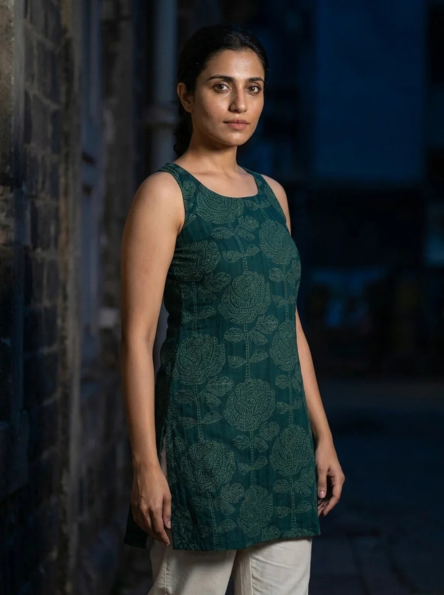 teal green block print kurti three quarter