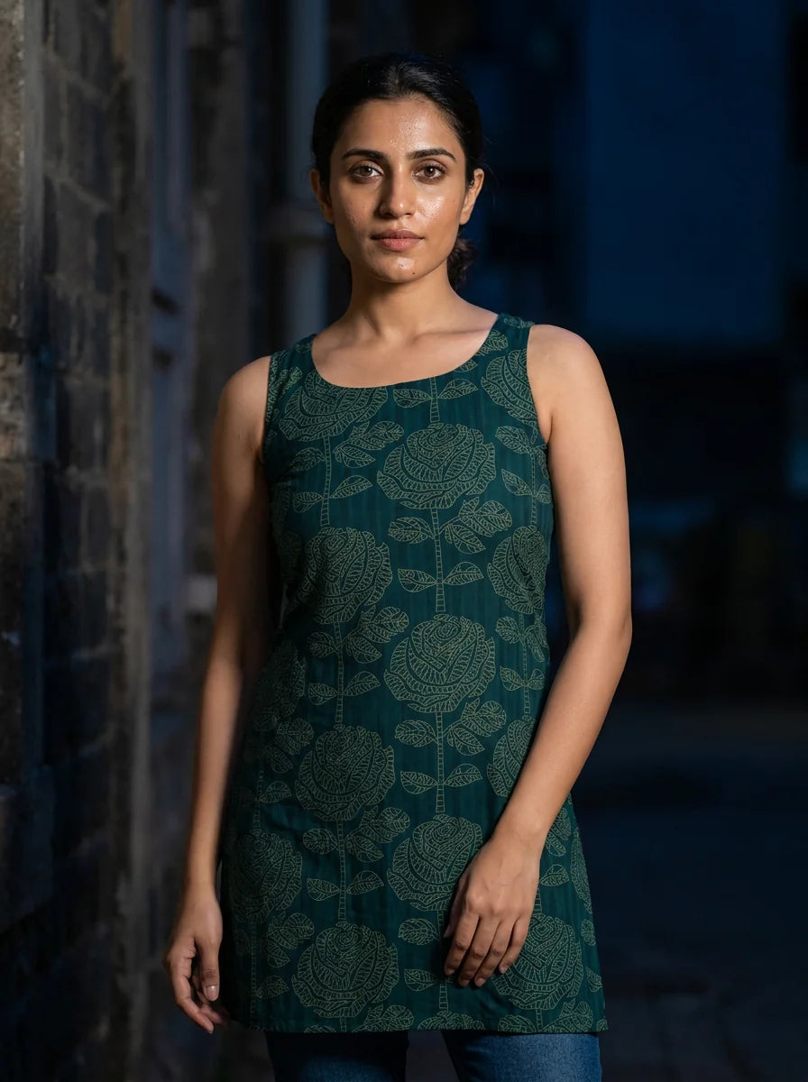 teal green block print sleeveless kurti