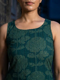 teal green floral block print kurti neckline