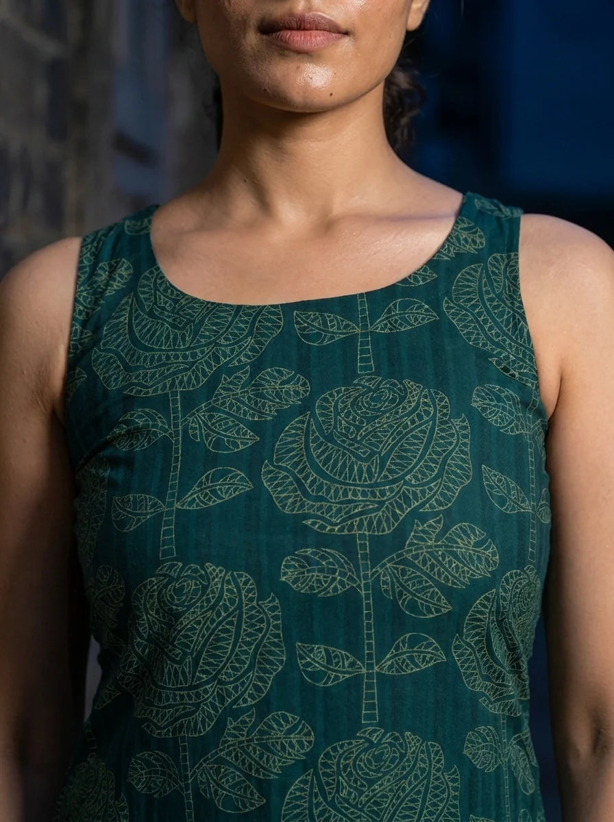 teal green floral block print kurti neckline