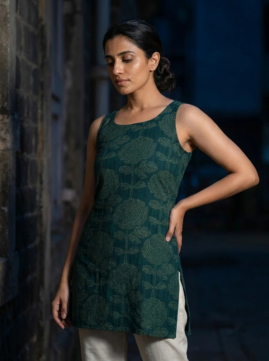 teal green floral kurti front