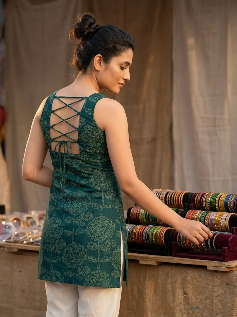 teal green lace up back kurti at bazaar