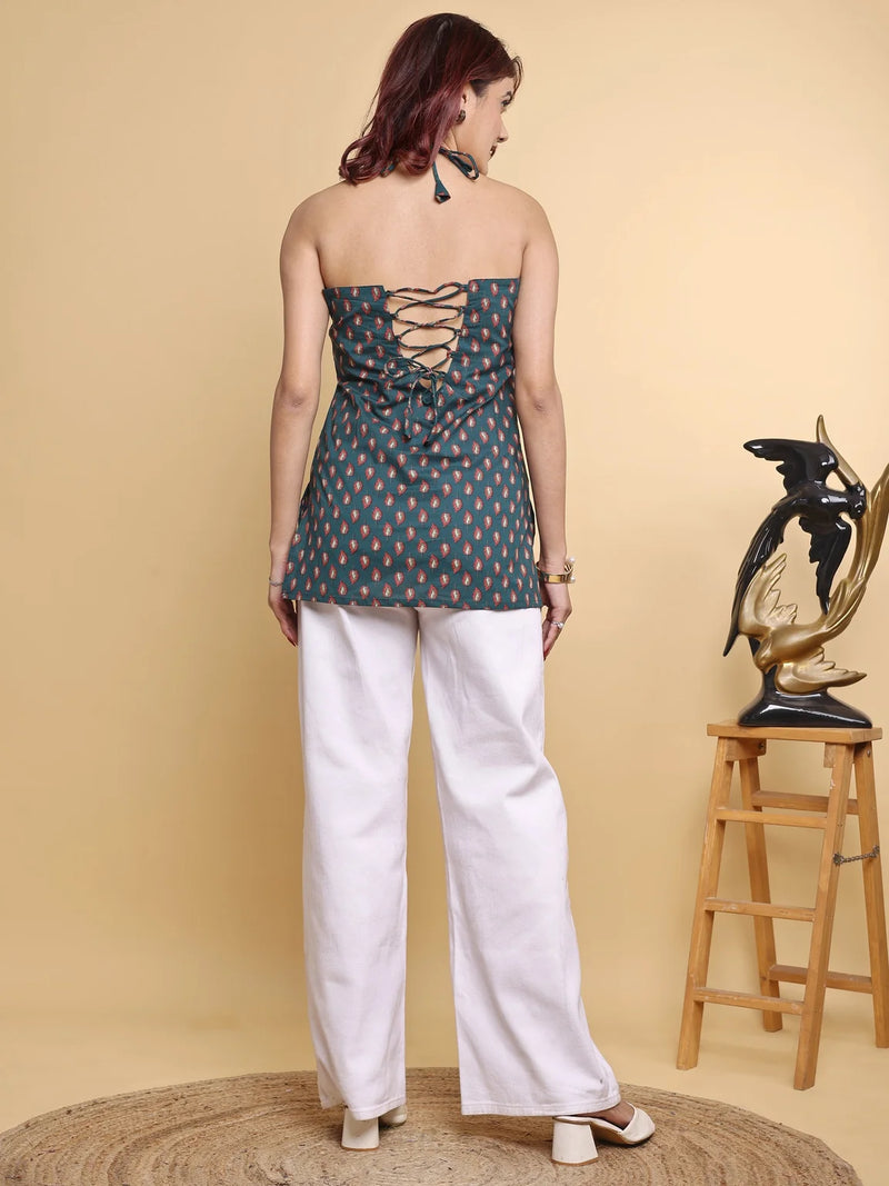 teal halter neck kurti lace up back